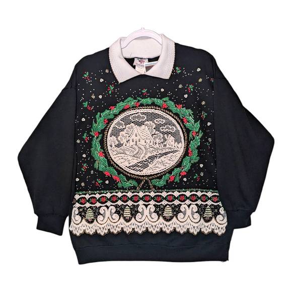 90s Christmas Snow Globe collared sweater - Picture 1 of 3